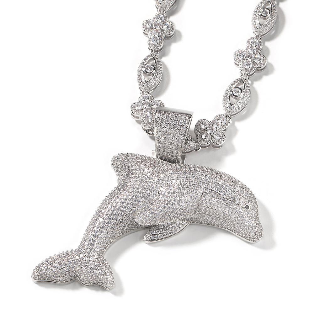 Personalized and creative large dolphin pendant necklace ins hip hop cartoon 5A zircon men and women trendy cool necklace