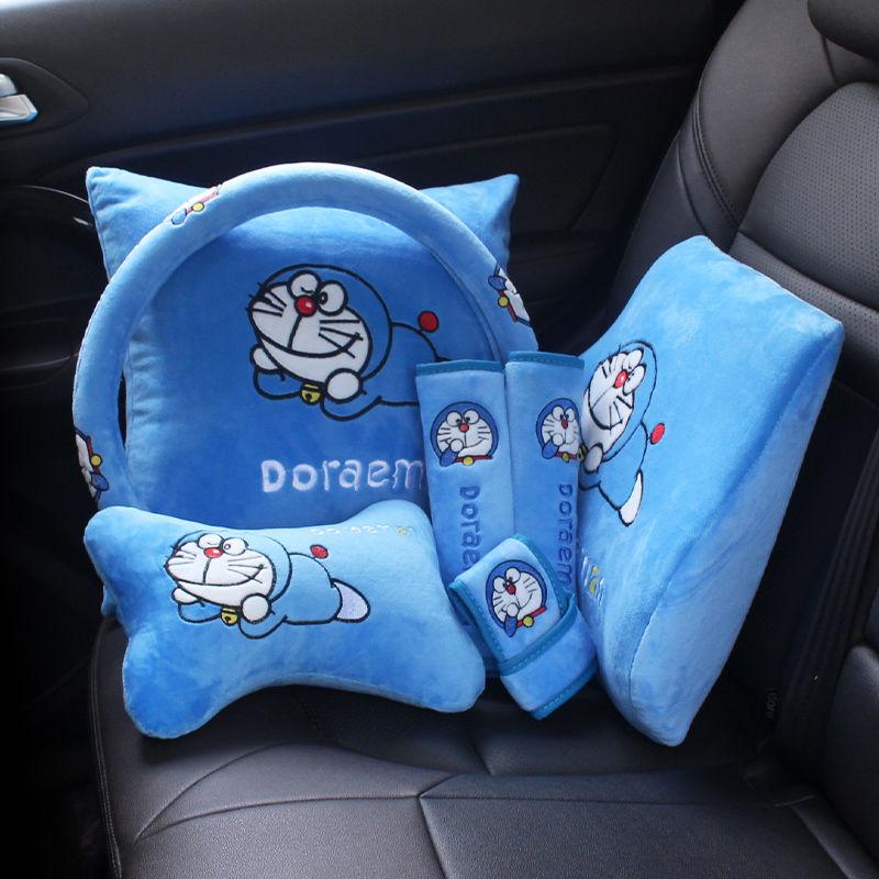 New Doraemon Cute Plush Headrest Car 2-In-1 Pillow By Car Waist Neck Pillow Steering Wheel Cover Decoration Accessories Gift