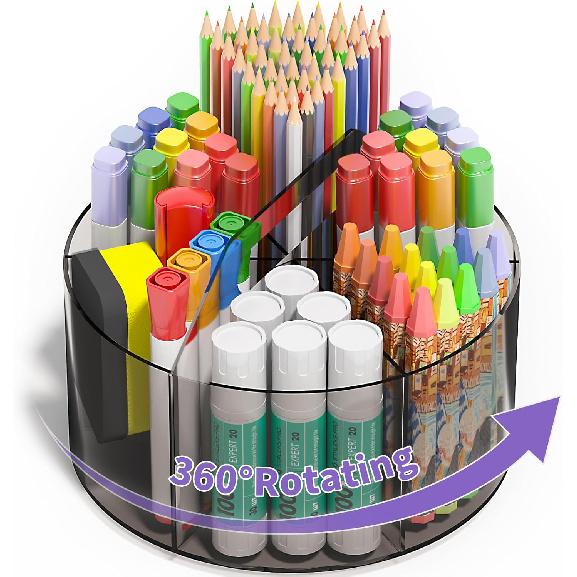 Acrylic Pen Holder, 360 Degree Rotating Pen Organizer, Rotating Desk Acrylic Office Organizer with 6 Compartments, Marker Organizer for Kid, Crayon