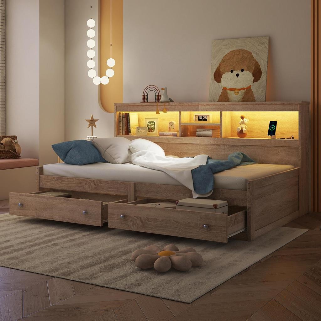 Sofa Bed Flieks 90x200 Daybed with Storage Space, Functional Bed with 2 Drawers, USB Charging Ports, Natural