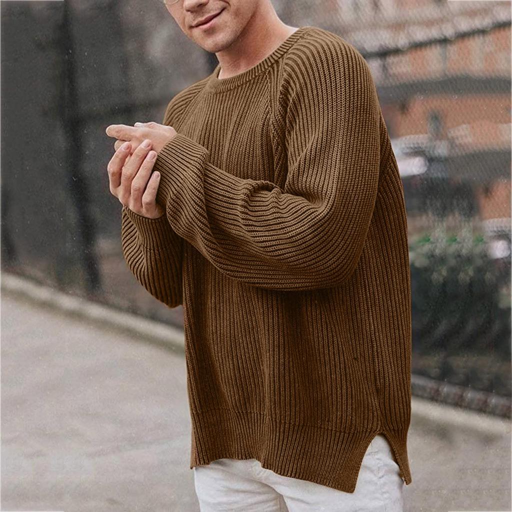Herren einfarbiger langärmliger Rundhals-Pullover, Strickpullover, Herren Streifenpullover