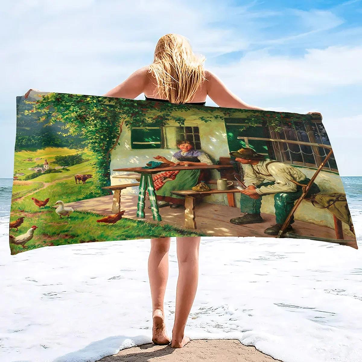 Oil Painting Beach Towels Oversized Vintage Design Art Landscape Beach Towel Microfiber Beach Towel Soft Polyester Microfiber H30xW50cm