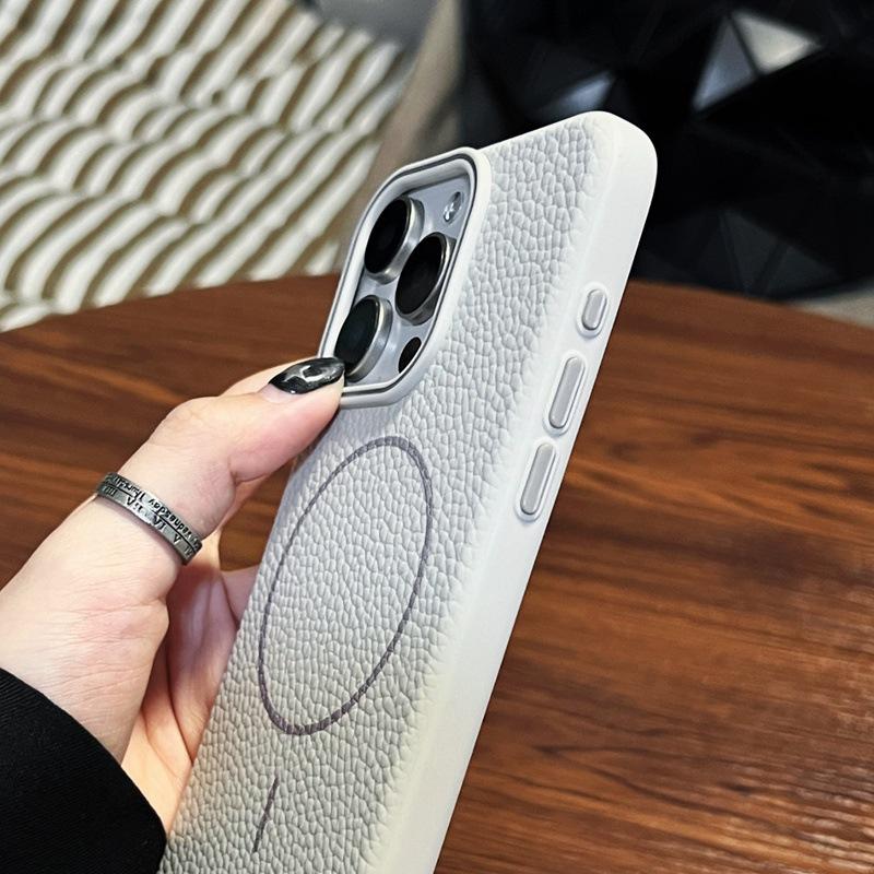 Applicable To Apple 16PRO Lychee Pattern TPU Mobile Phone Case Thin Circle Magnetic Leather IPhone 15 Matte Protection Case