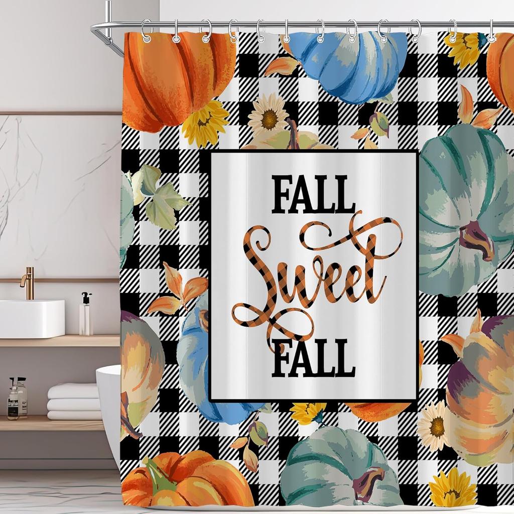 Fall Sweet Fall Shower Curtain With Pumpkins And Buffalo Check Pattern Autumn Theme Water Resistant Fabric Cozy Rustic Bathroom