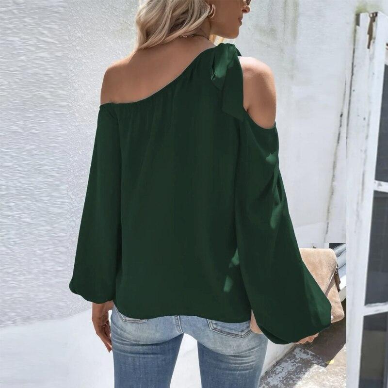 Spring Office Lady Fashion Off Shoulder Shirt Women Tops Long Lantern Sleeve Loose Clothes Crew Collar Chiffon Blouses 25468