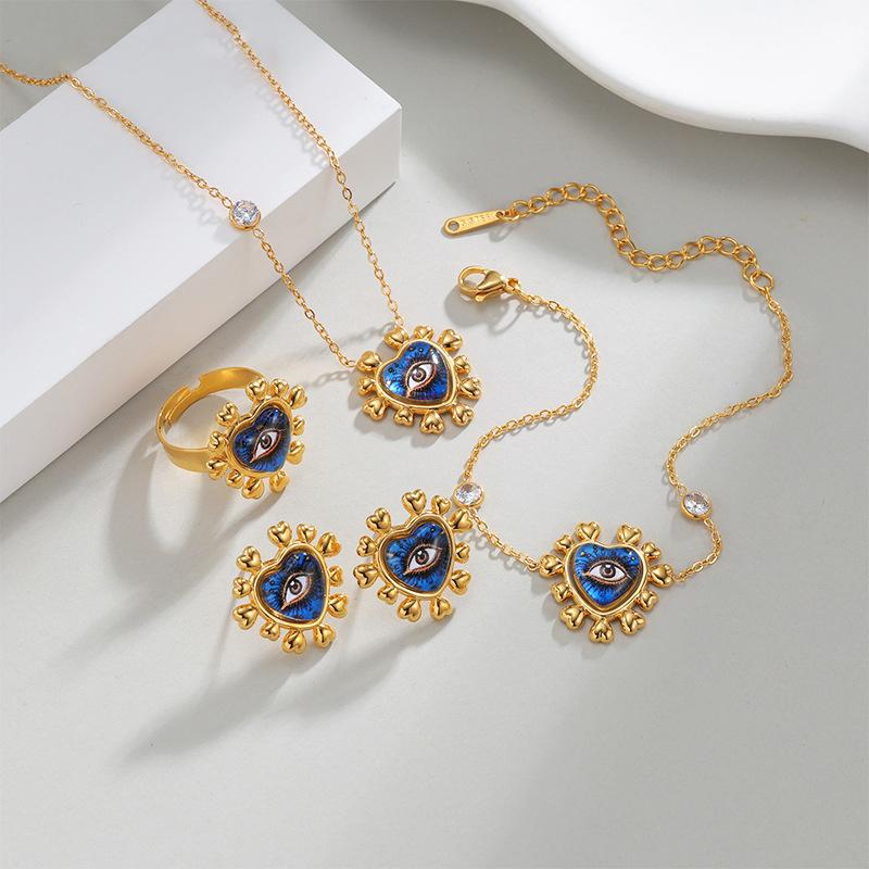 Eilieck 316L Stainless Steel Metal Heart-Shaped Blue Eyes Necklace Bracelet Earrings Ring Trendy Jewelry Set For Women Gift