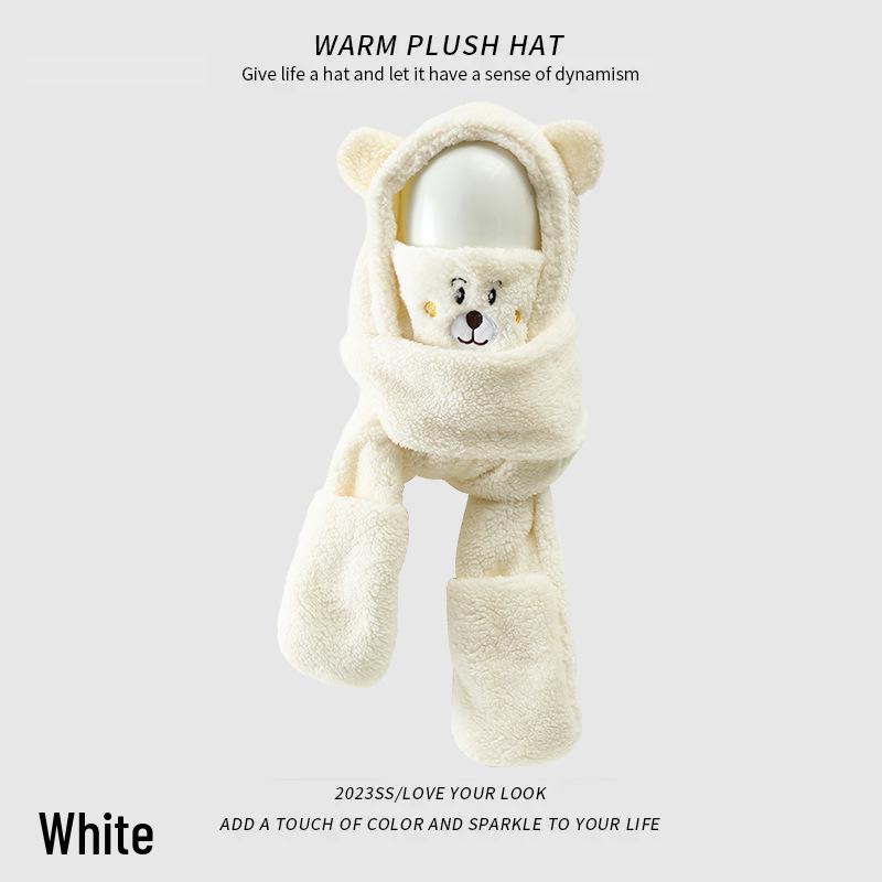 Women's 2024 Winter Little Bear Plush Hooded Scarf Set - Warm Three-Piece Neck Warmer