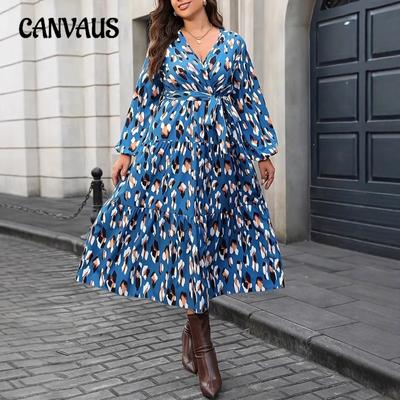 Plus Size Women's Long Sleeve New Print V Neck Ruffled Lantern Sleeve Dress