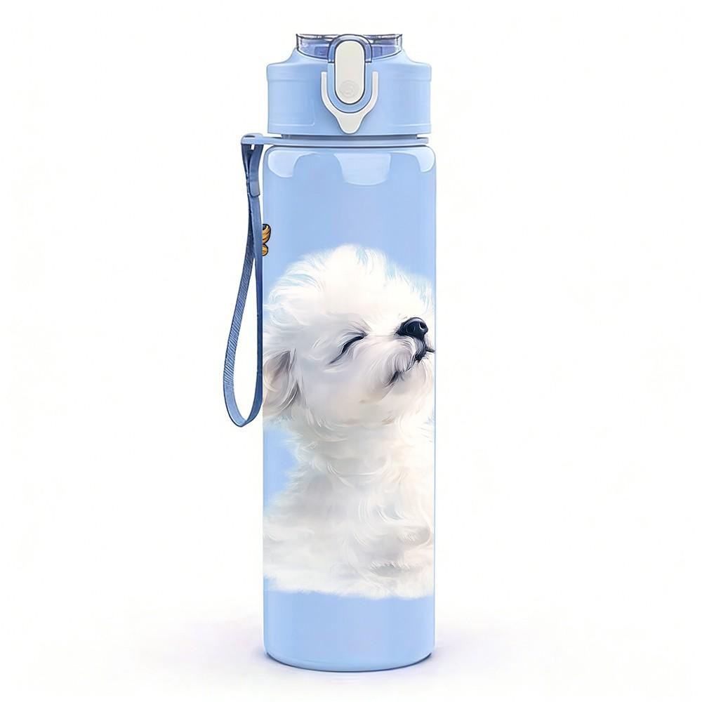 1PC Fluffy White Puppy Dog Sitting Print 750ml Color Plastic Sports Water Bottle Leakproof Flip Straw Lid Suitable for Sports Office Home Use