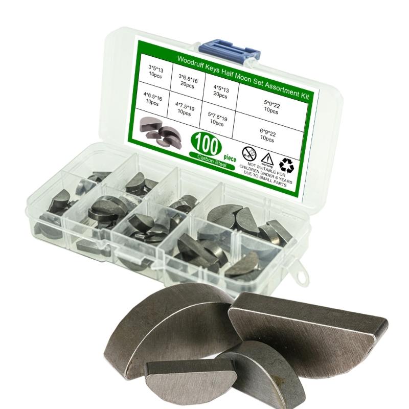100Pcs Woodruff Key Assortment Kit Mechanical Industry Woodruff Key Half Moon Set Carbon Steel Shaft Drive Fasteners