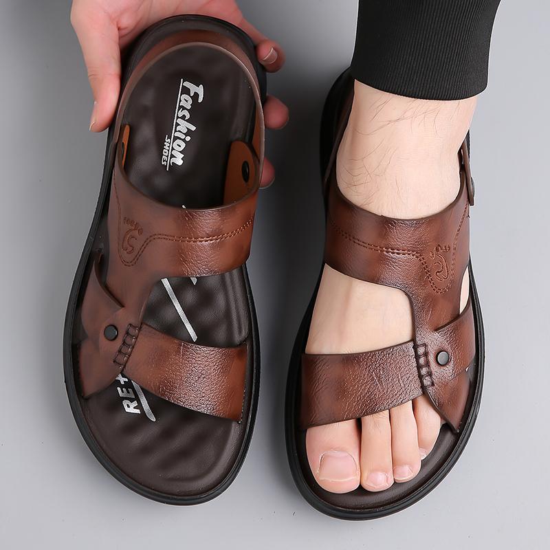 Men Black Leather Sandals Simple Flats Summer Brown Outdoor Hiking Sandals Outdoor Wide Beach Shoes for Father Over Sized