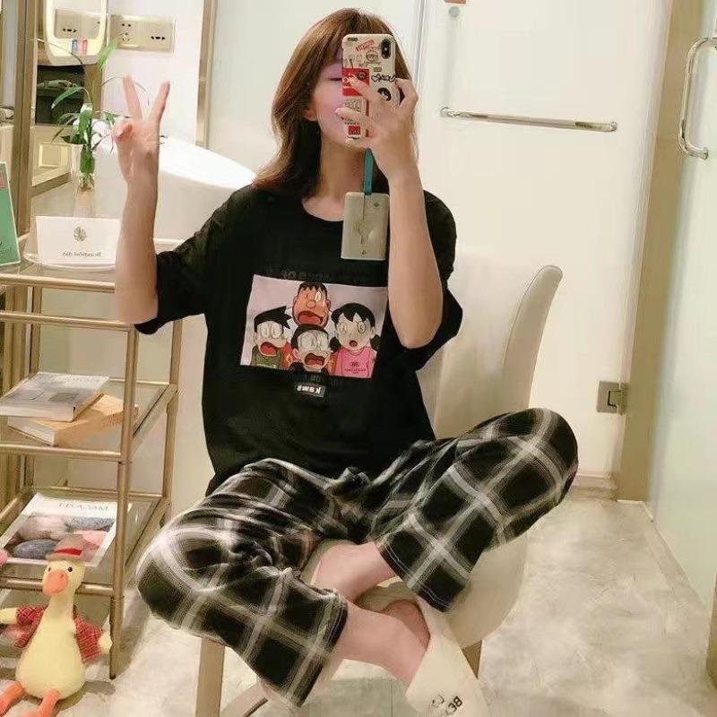 Pajamas women's short-sleeved trousers summer cartoon cute 2 new cartoon spring and summer loungewear suit can be worn outside