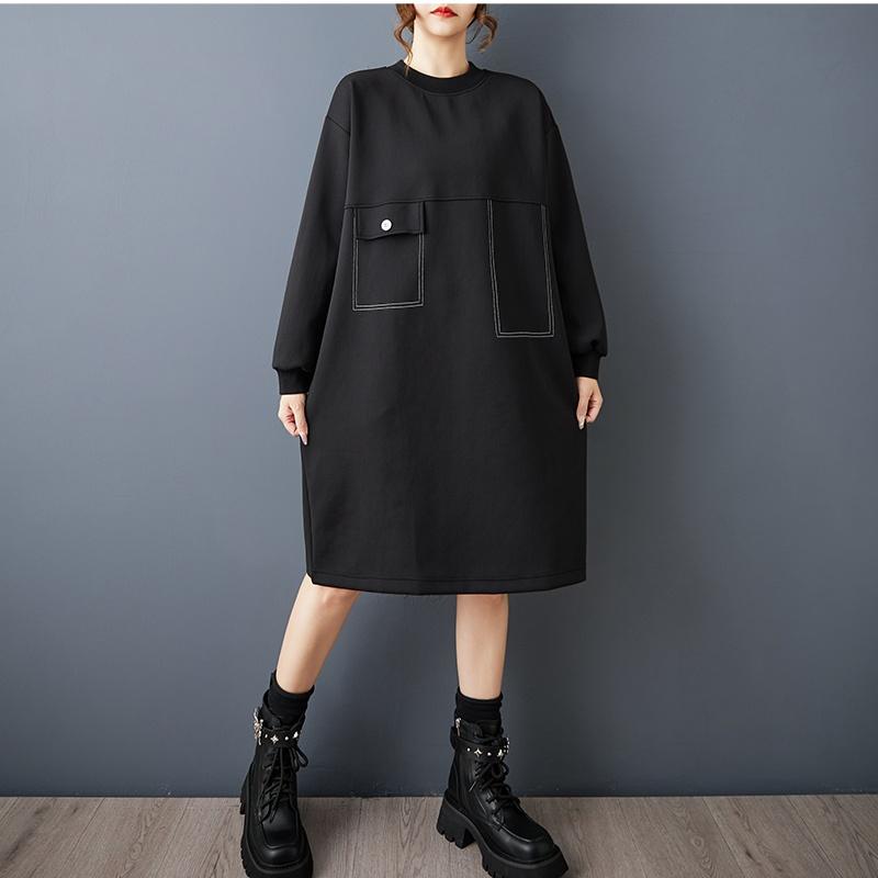 Long Sleeve Plus Size Cotton Vintage Black New In Dresses for Women Casual Loose Midi Spring Autumn Dress
