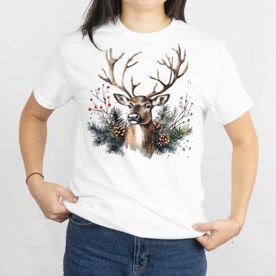 Aquarell Festlicher Hirsch Porträt T-Shirt, Frohe Weihnachten Unisex Wald Tier Tee