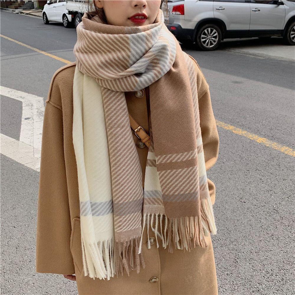 Korean Style Women's Cashmere Scarf Thickened Winter Neck Warmer Fashion Checkered Scarf  Women