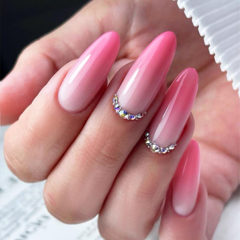 

Luxury Pink & White Gradient Oval Press-On Nails with Diamonds - French Edge Style