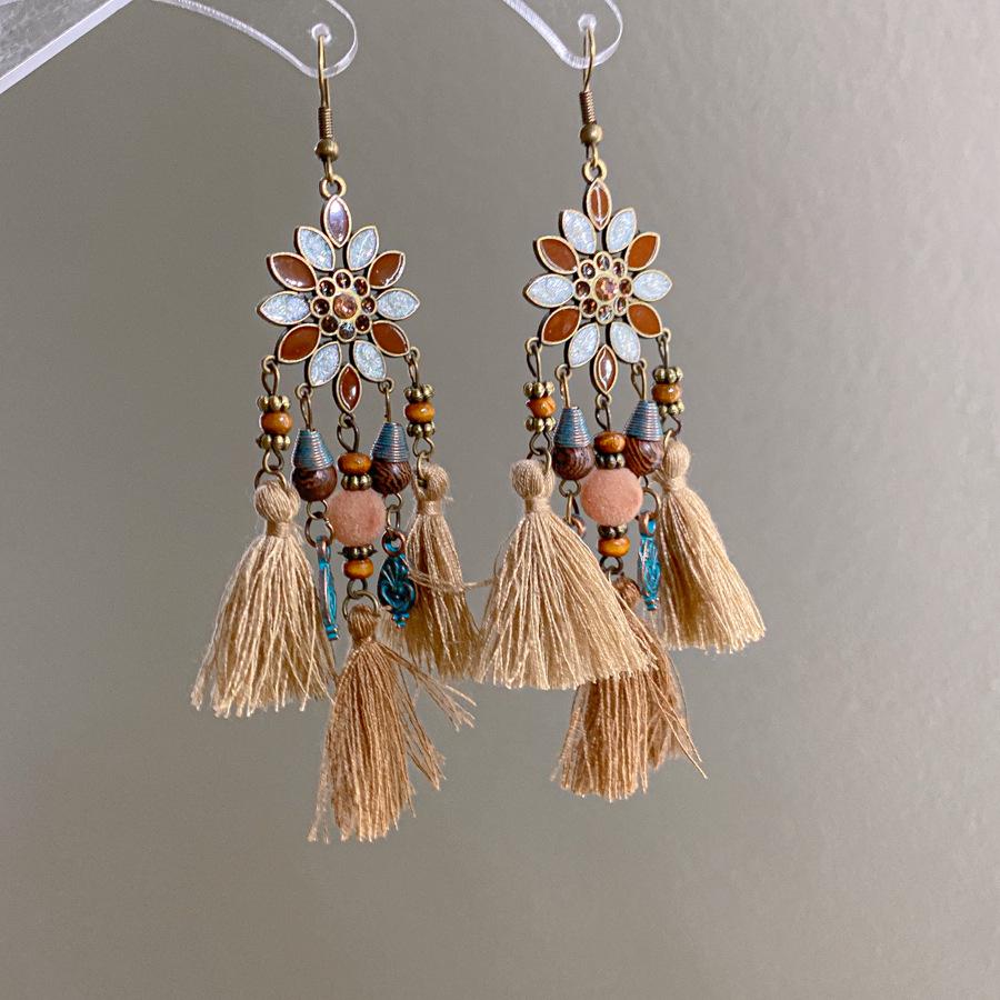 Bohemian Feather Seed Bead Tassel Earrings - Retro Ethnic Dangle Jewelry