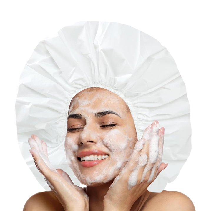 Two-Piece Extra-Large Waterproof Bath Cap Set, Reusable for Long Hair, Thick Curls, and Braided Styles (Black + White)