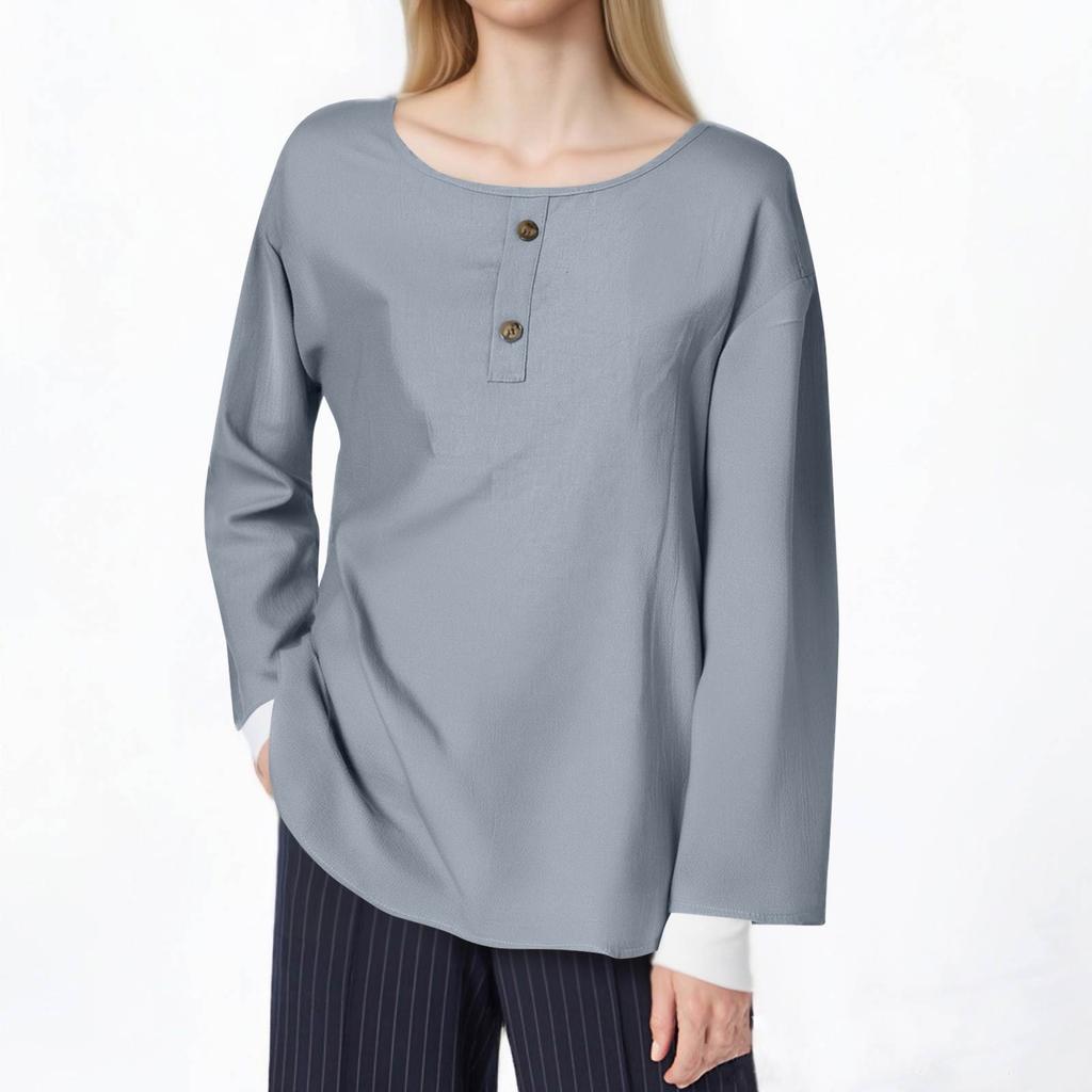 Women's Casual Loose Fashion Long Sleeve Cotton Linen Color Round Neck Button-down Shirt