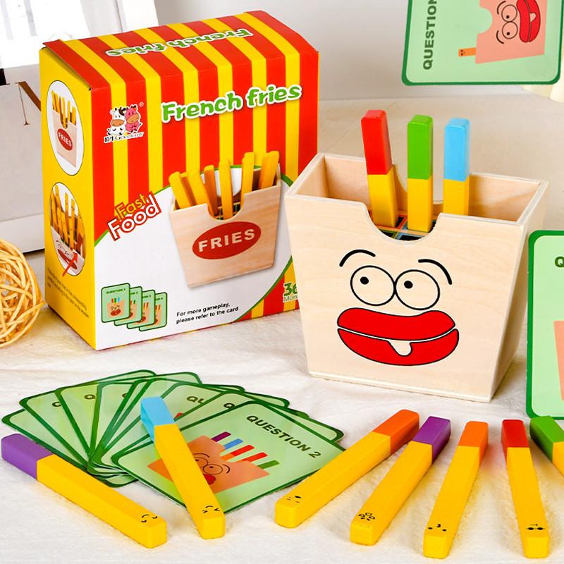 Holz-Kinderspielhaus mit Spielzeug-Essensset und Pommes-Zuordnungs-Puzzle für frühes Lernen