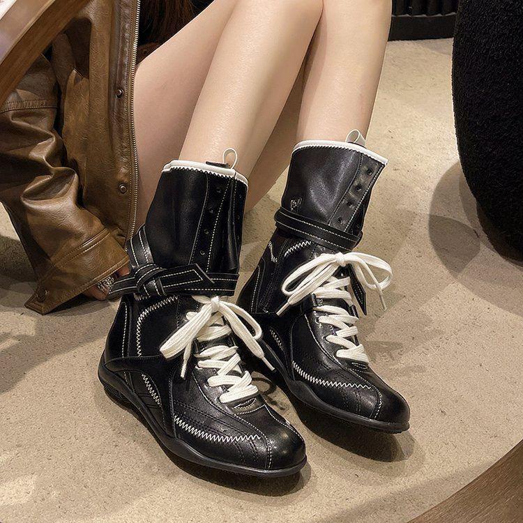 Cowhide version~ inner height increase small retro Martin boots women's 2025 autumn boxing boots frosted leather lace-up short boots