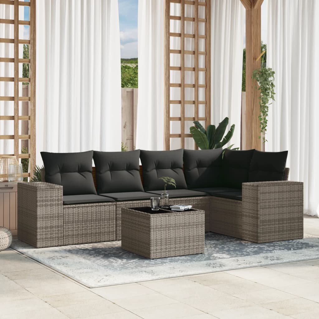 6 Piece Outdoor Sofa Set with Cushions Grey Poly Rattan