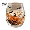 Unique Spooky Glass Halloween Tumbler, Embossed Pumpkin Ghost Cat Bat Drinking Glass, Kitchen Counter Decor Stemless Beverage Cups, Seasonal Drinkware