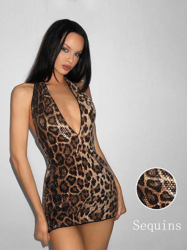 European & American Leopard Print Sexy Slim-Fit Deep V Backless Dress for Women