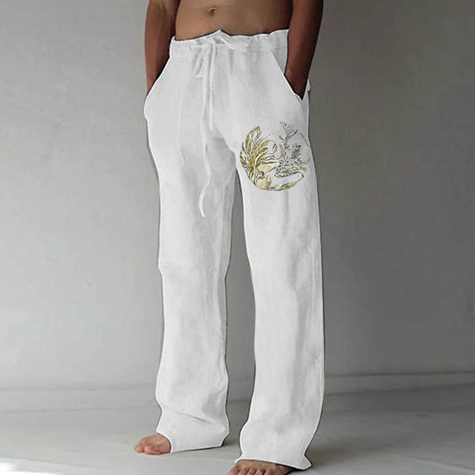 

Men s Loose Casual Color Cotton Linen Trousers Elastic Tie Printed Straight Pants M білий