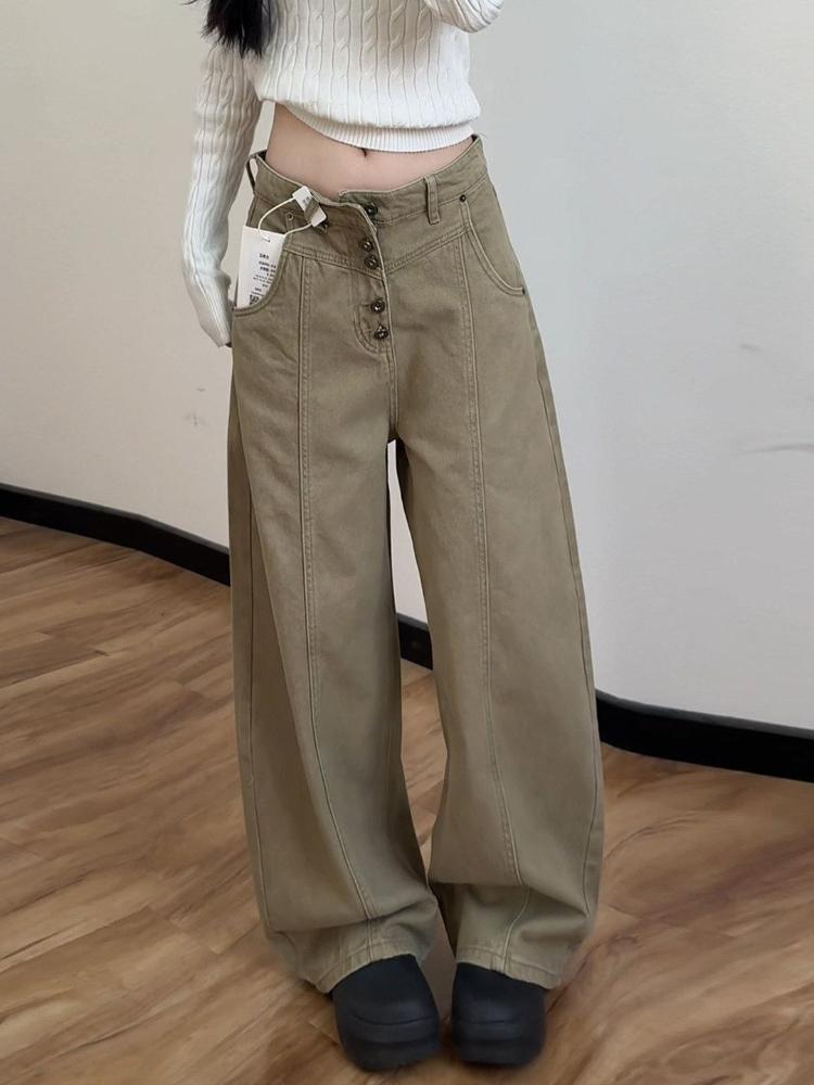 Khaki Pants Female Design Sense American Wide-leg Overalls Plus Size Slim Machete Jeans Spring