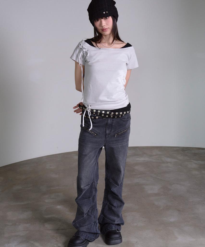 PRENDA Corset Detail One-Off-Shoulder Short Sleeve Gray