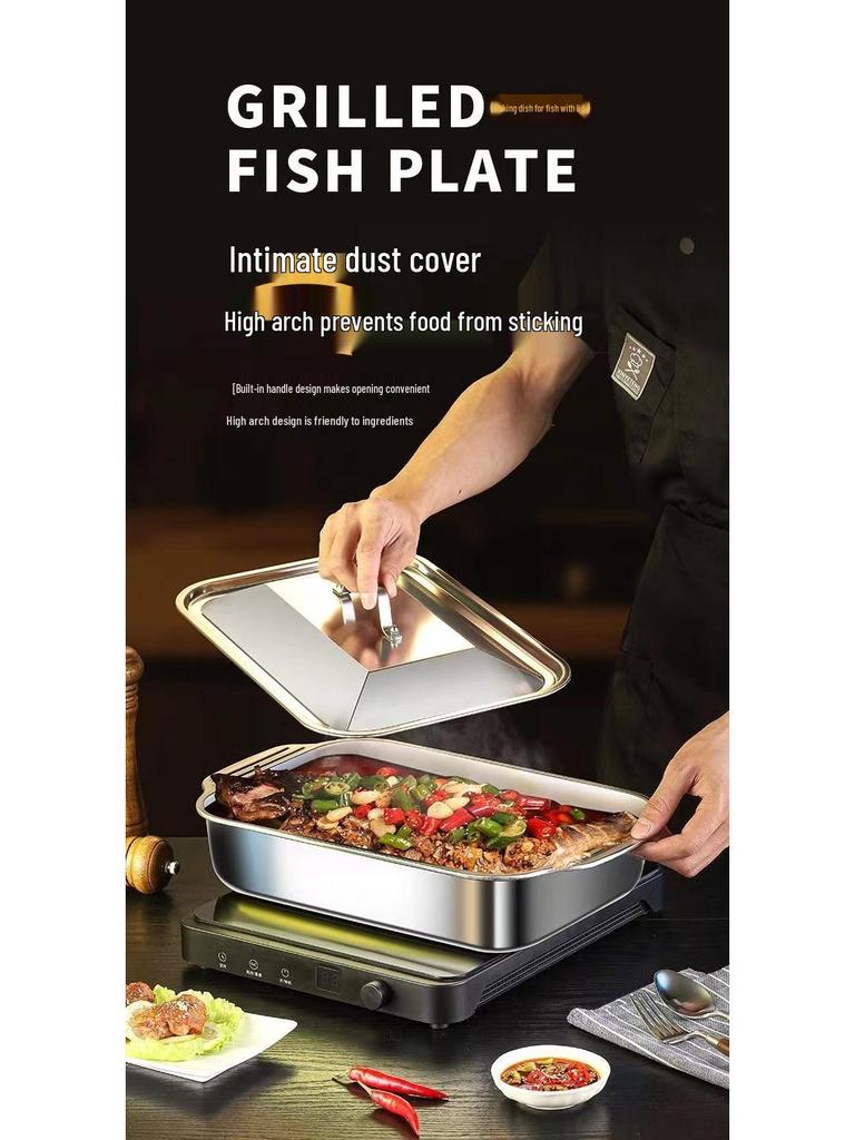 Stainless Steel Grilled Fish and Seafood Pan with Lid and Handle