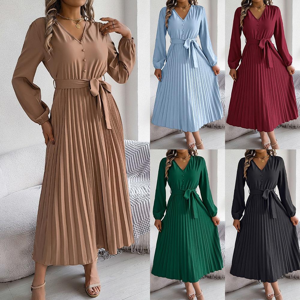 

Temperament Elegant V-neck Button Tie Hem Pleated Long Dress Dress Pure Colour Women s Dresses S хакі