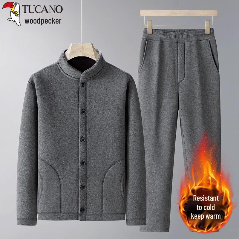 Woodpecker Dad Winter Fleece-Lined Men's Three-Piece Set: Thickened Cotton Coat, Vest, and Cardigan Jacket for Middle-Aged and Elderly.