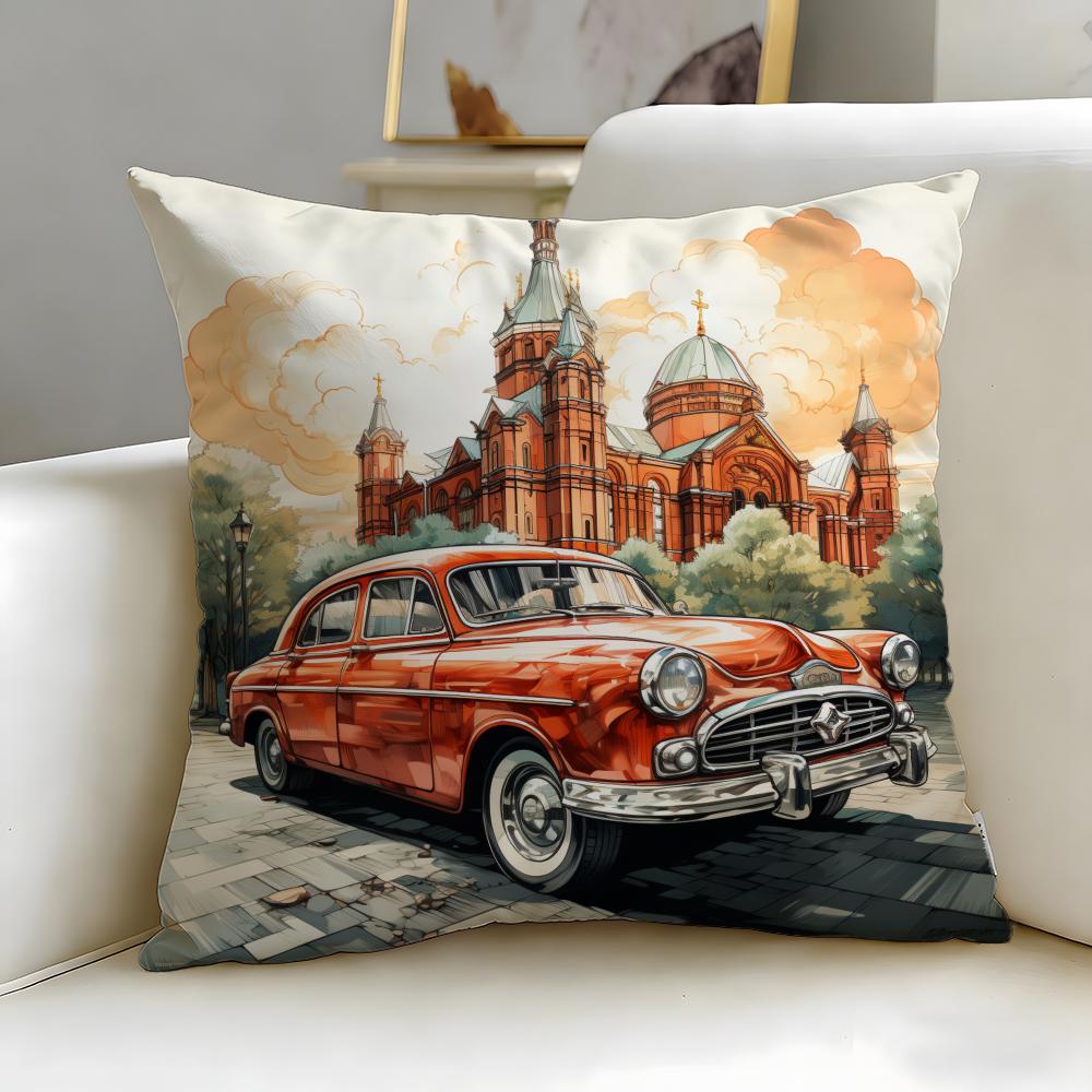 classic theme Vintage Car Cushion Cover Soft & Easy-Wash Pillow Case – Versatile for Couch, Bed, Travel and Office