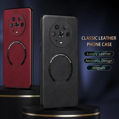 For Honor Magic 4 4 Pro Fine Hole PU Cow Pattern Leather Outer Magnetic Ring Soft Edge Anti-Drop Anti-Fingerprint Phone Case