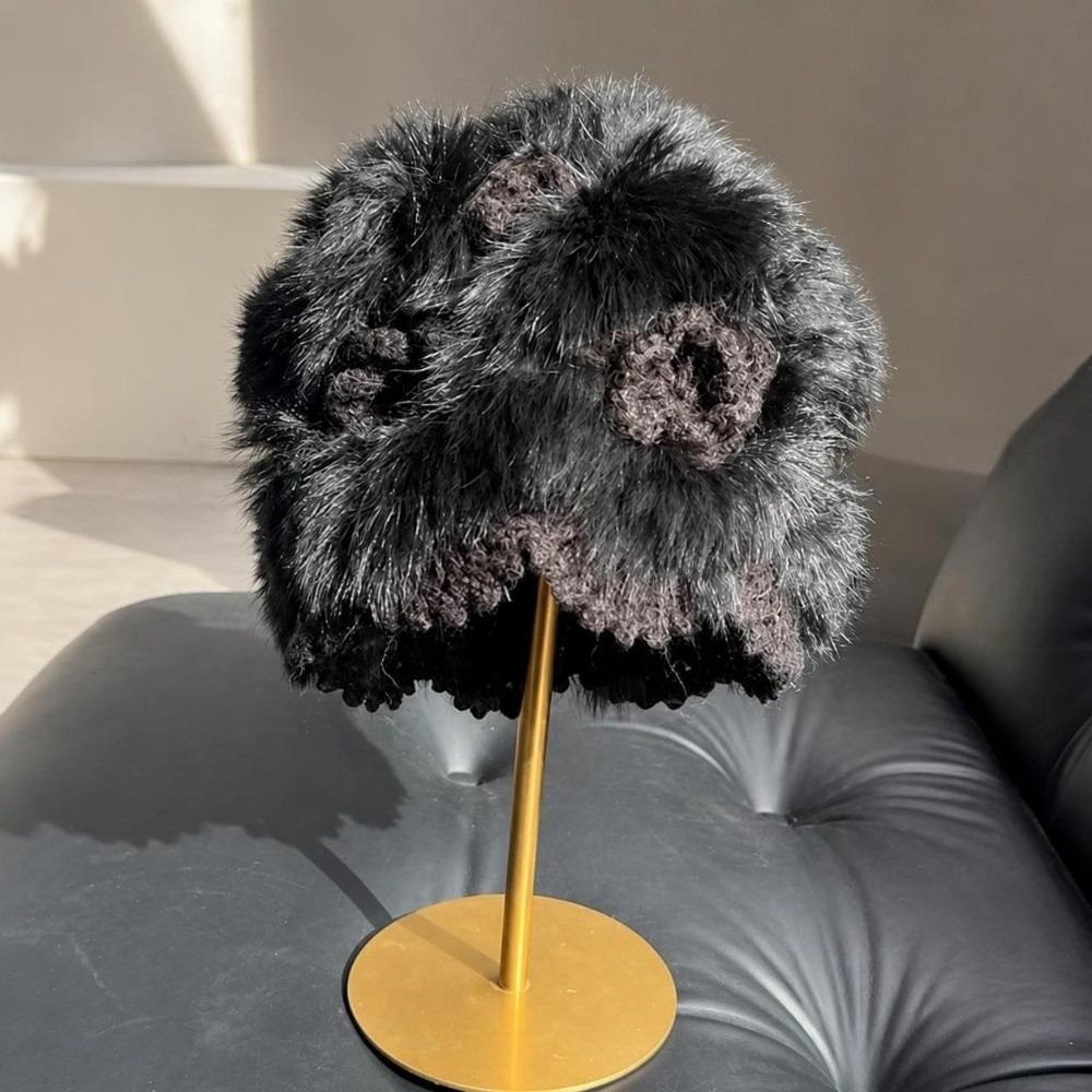 Rabbit Fur Earflap Bucket Hat Warm Plush Hat Trendy Fluffy Knitted Skull Cap  Daily Wear