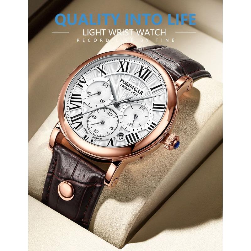 POEDAGAR Men Watch Fashion Chronograph Leather Quartz Watches Waterproof Luminous Sport Sport Wristwatch Six Needle Watch