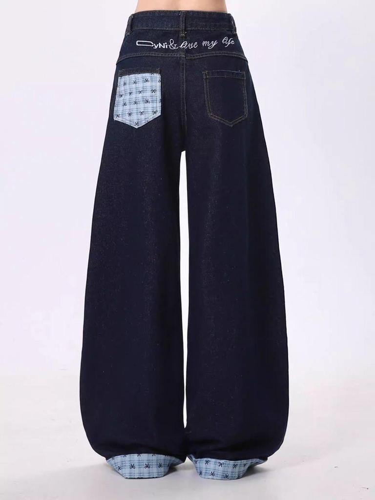Women's Retro Bow Plaid Cuffed Jeans: High Street Loose Wide-Leg Pants for Spring and Autumn