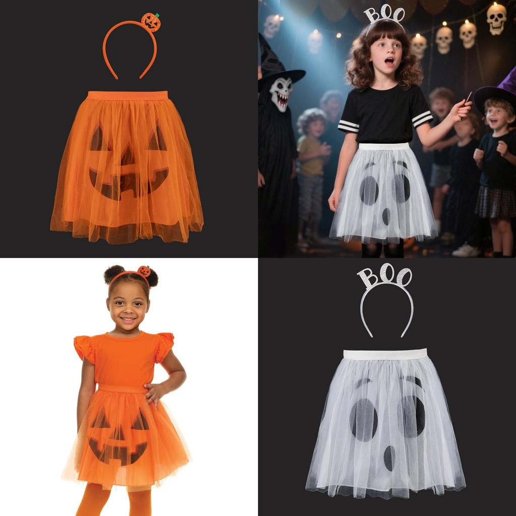 Halloween Ghost Face Pumpkin Veil Dress And Headband Set For Cosplay Dress Up Kids And Adults