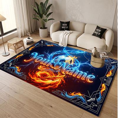 Fire Flames Theme Soft Crystal Velvet Rug Custom Name & Text Print Non Slip Floor Rug for Bedroom Living Room