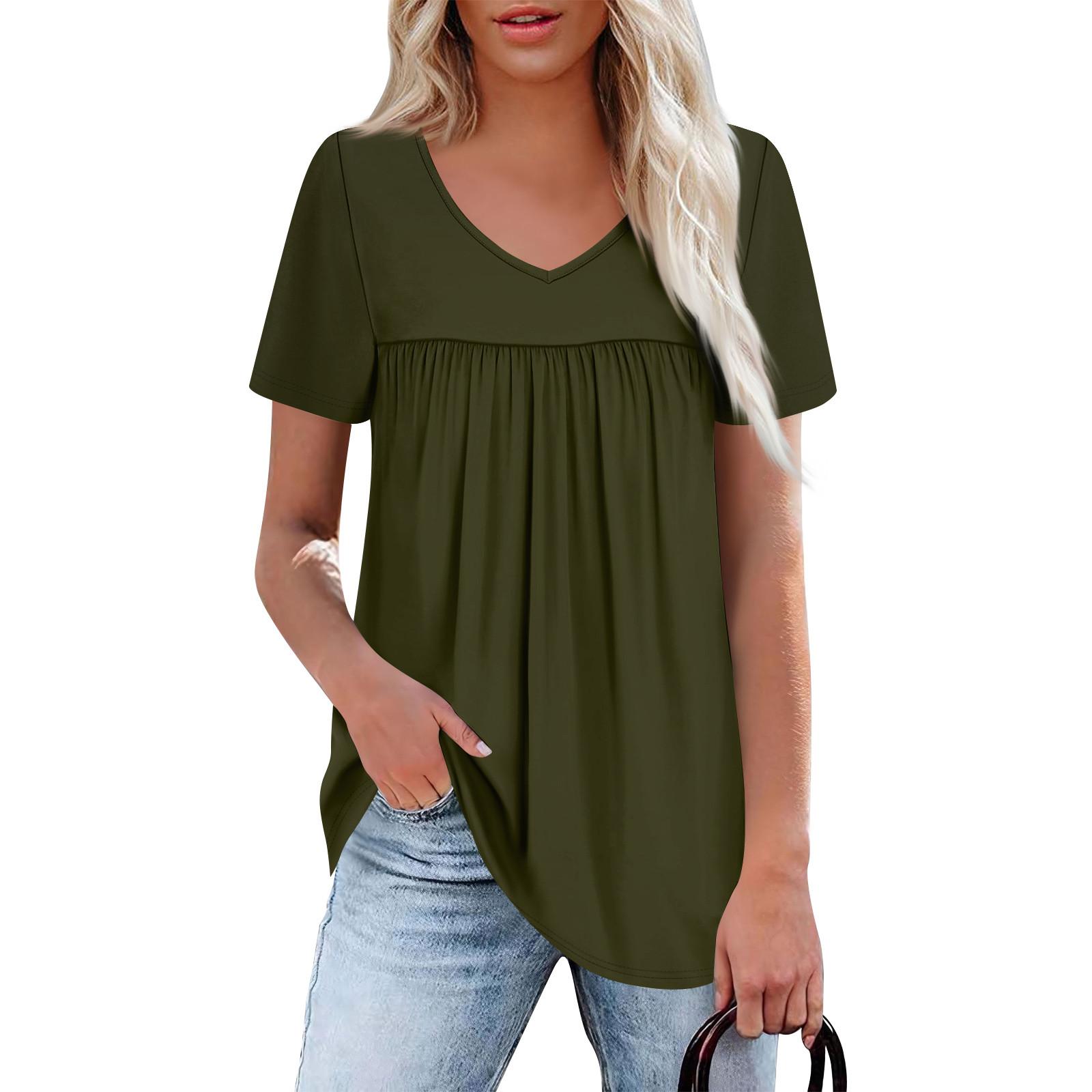 Women s Casual V-Neck Short Sleeve Chest Ruffle Color Top L армия зеленый