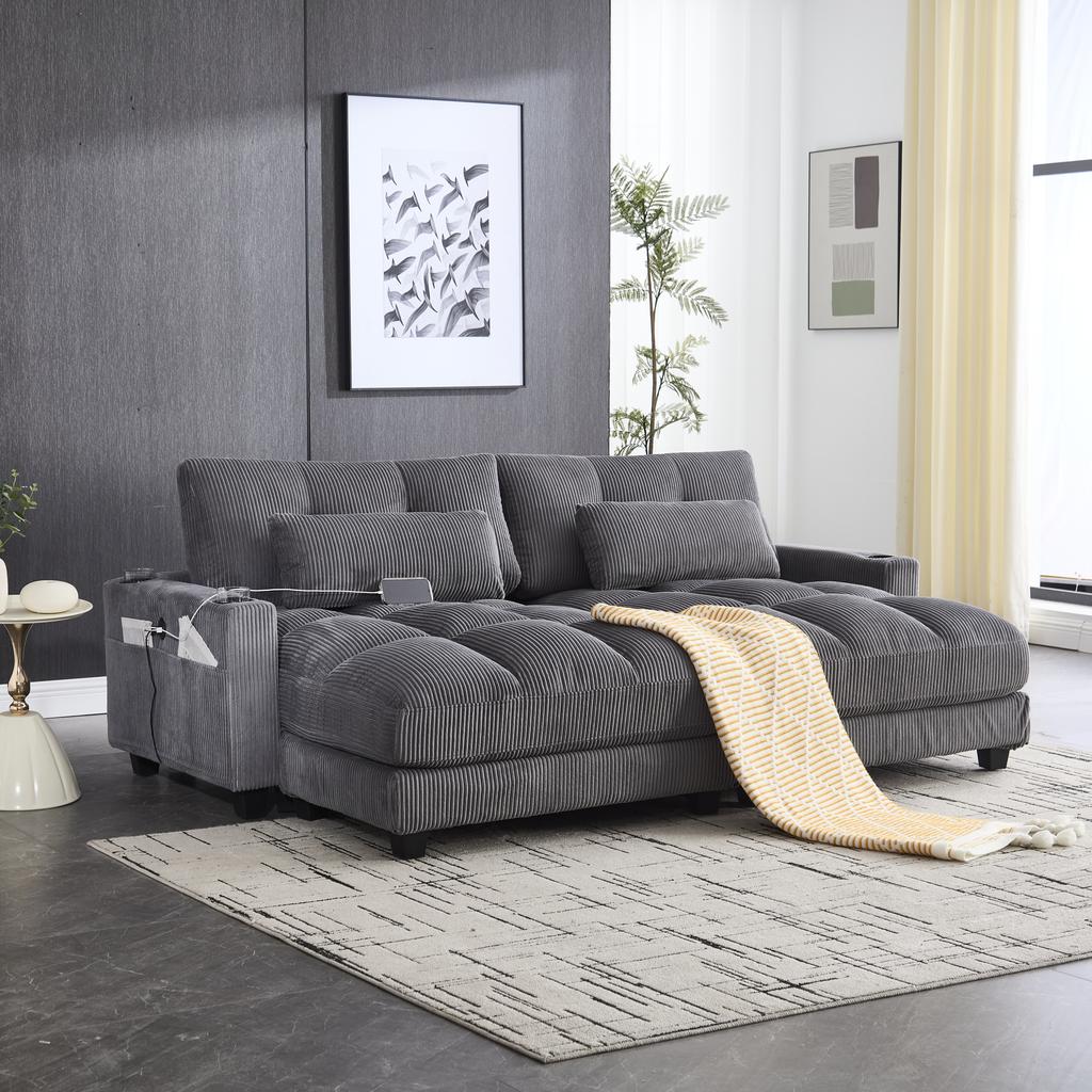 Graues Kord-Sofa 2-Sitzer, teilbar in 2 Sitze, 2 Kissen, 4 Getränkehalter, 4 Taschen, USB-Anschlüsse an den Armlehnen, für Wohnzimmer, Schlafzimmer und Arbeitszimmer