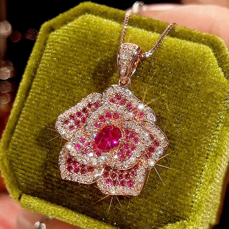Popular Jewelry Copper Bottom Gold-Plated Simulation Red Corundum Rose High-End Light Luxury Suit Women