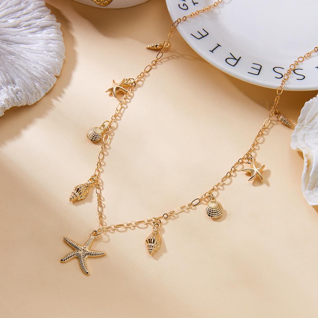 Bohemian Zircon Starfish Shell Conch Pendant Necklace for Women Imitation Pearl Turtle Metal Chain Choker Beach Vacation Jewelry