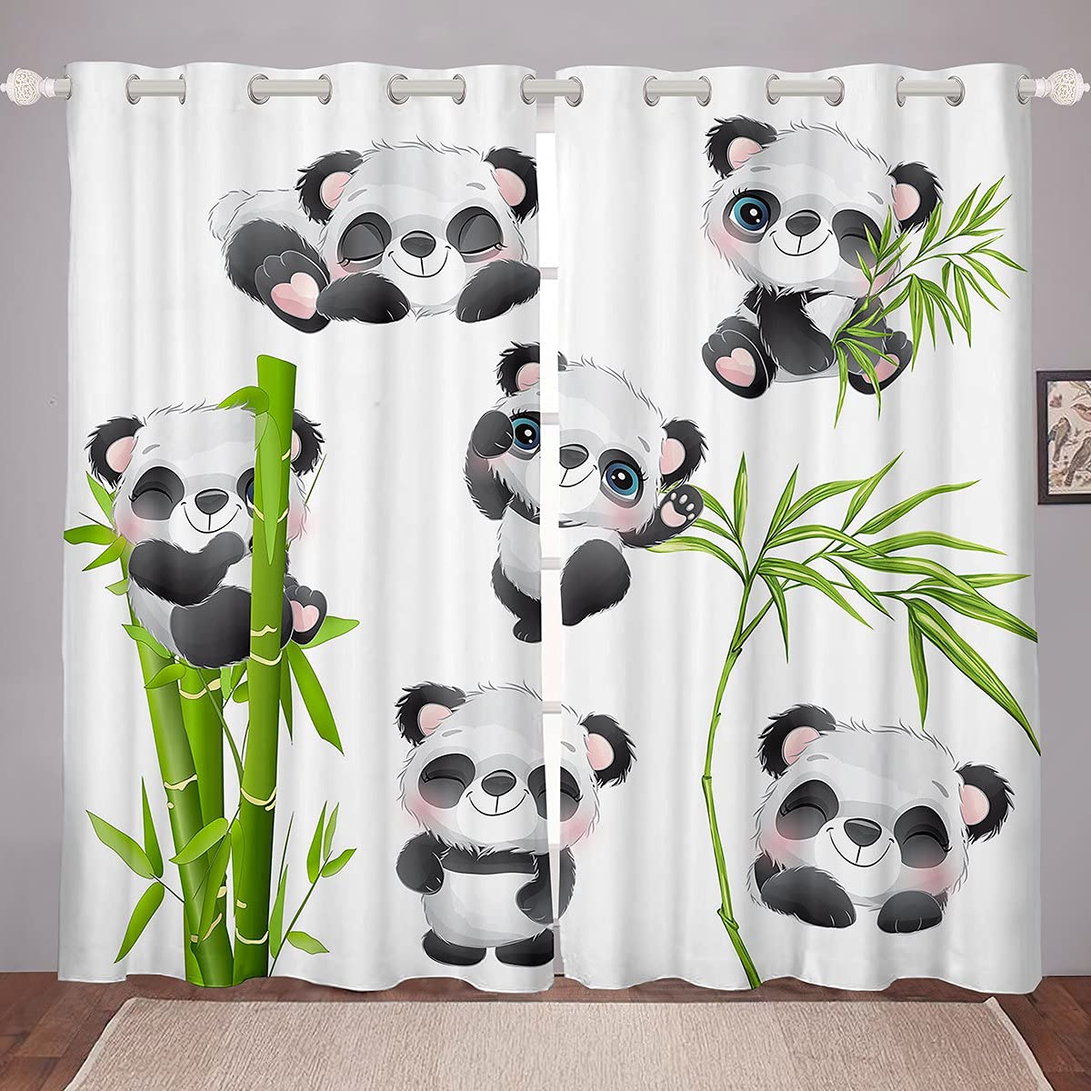 Niedliche Panda-Vorhänge für Mädchen Jungen Kinder Cartoon Riesenpandas Fenster Vorhang für Schlafzimmer Wohnzimmer Dekor Fenster Vorhänge W55 X H120cm X 2&Grommet Top
