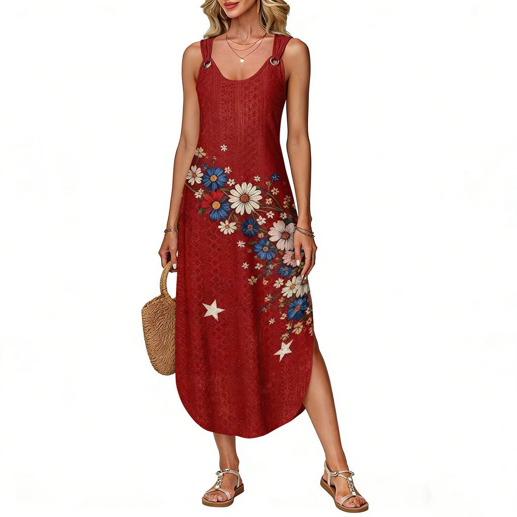 Women's Summer Long Dress Sleeveless Side Slit Long Independence Day Print Vacator Dress