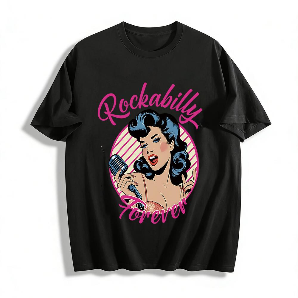 Rockabilly Forever Vintage Pin-up Girl Print T-shirt Retro Rock Style Casual Top for Men & Women Pure cotton T-shirt