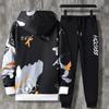 2 Pcs/Set Men Coat Pants Suit Hooded Letter Print Drawstring Loose Jogging Set Hip Hop Ankle-banded Men Sportwear Tracksuit