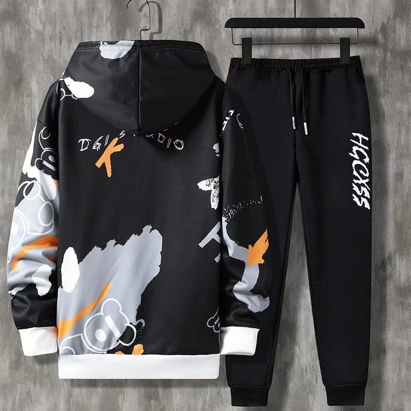 2 Pcs/Set Men Coat Pants Suit Hooded Letter Print Drawstring Loose Jogging Set Hip Hop Ankle-banded Men Sportwear Tracksuit